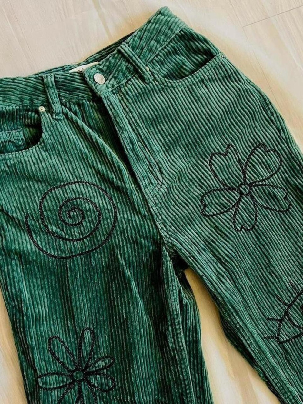 PacSun Dark Green Corduroy Pants with Black Floral Embroidery